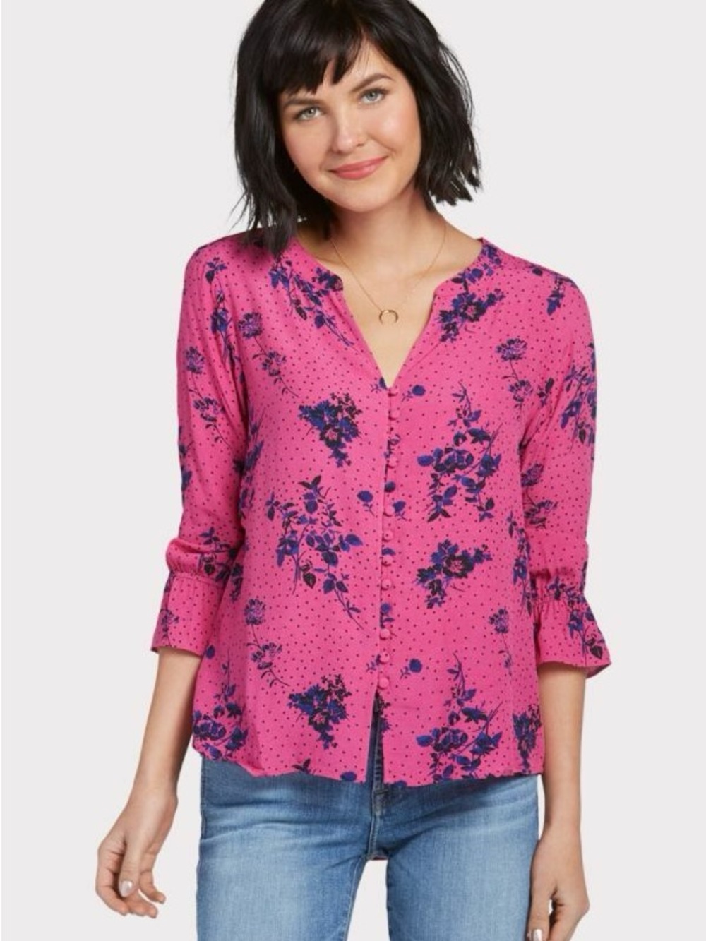 Sanctuary Pink Beverly Floral Button-Down Blouse with Navy Print Size S